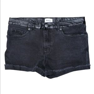 Women's RVCA Black Denim Mid-Rise Relaxed Cutoff Shorts Leather Trim Size 29 US